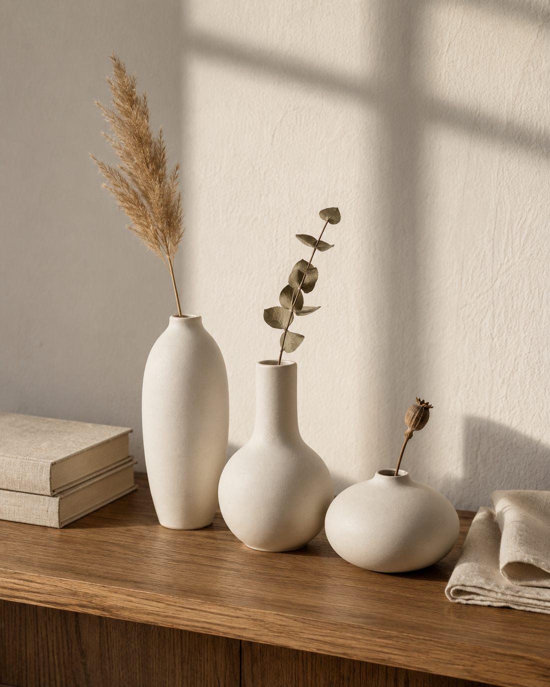 Bisque Vase Trio — Cascade, styled on a console shelf