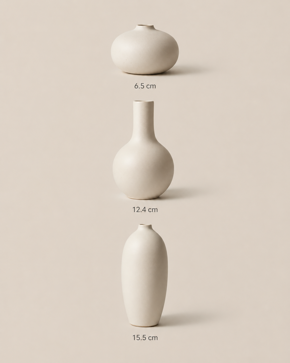 Bisque Vase Trio — Cascade, size reference: 6.5 cm, 12.4 cm, 15.5 cm