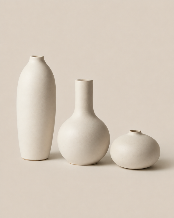 Bisque Vase Trio — Cascade, styled group shot