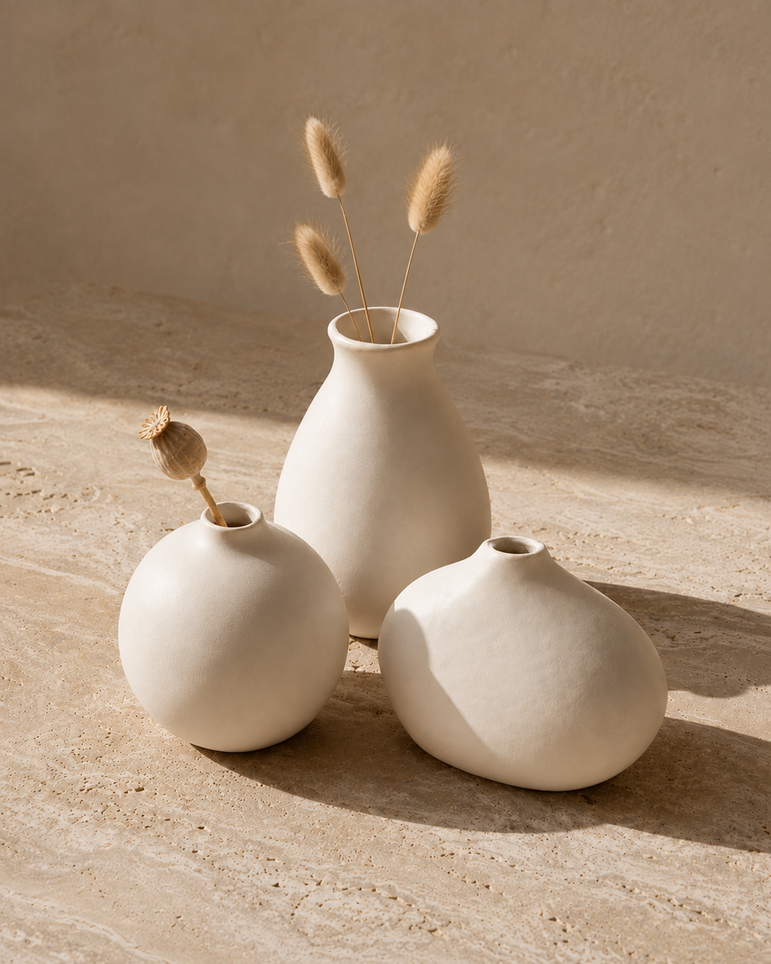 Bisque Vase Trio — Dune, styled on a travertine coffee table
