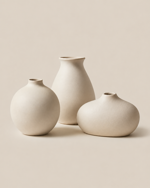 Bisque Vase Trio — Dune, styled group shot