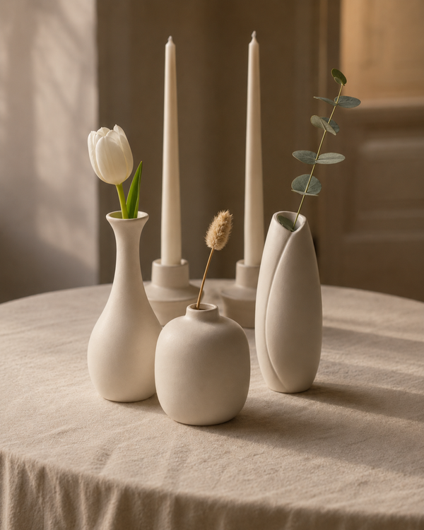 Bud Vase Trio — Sprig, styled on a linen tablecloth at dusk