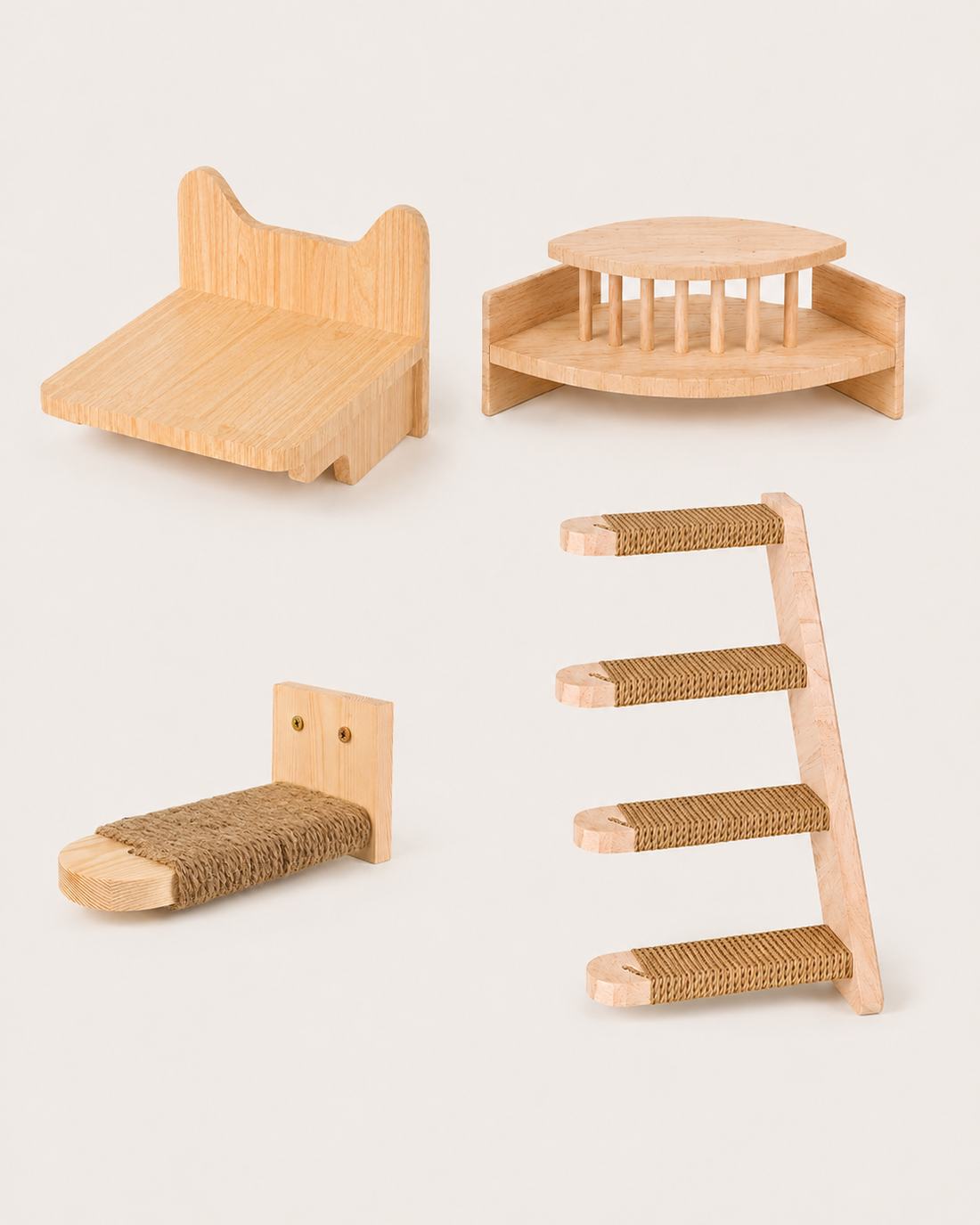 Cat Wall Climbing Set — all four pieces, corner shelf, jute rope ladder, cat-head jump platform, rope wall step