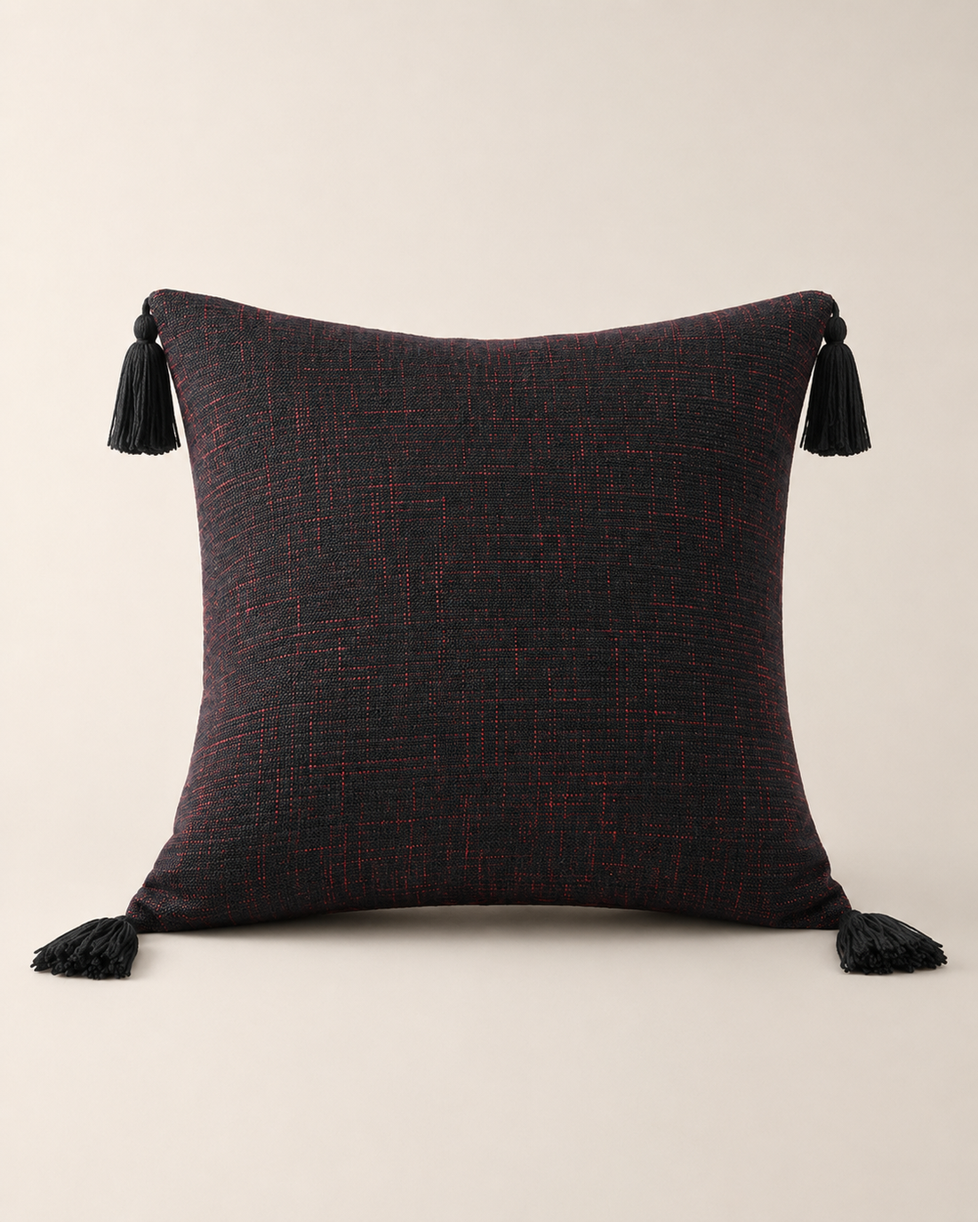 Linen Tassel Cushion Cover, Black and Red on white background