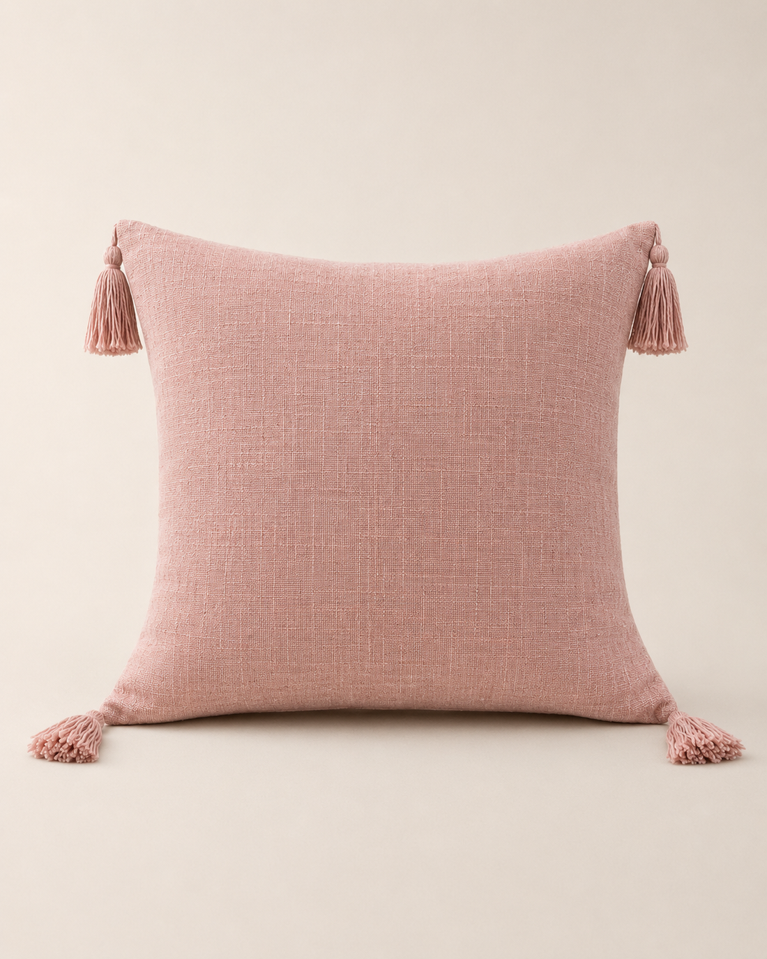 Linen Tassel Cushion Cover, Dusty Pink on white background