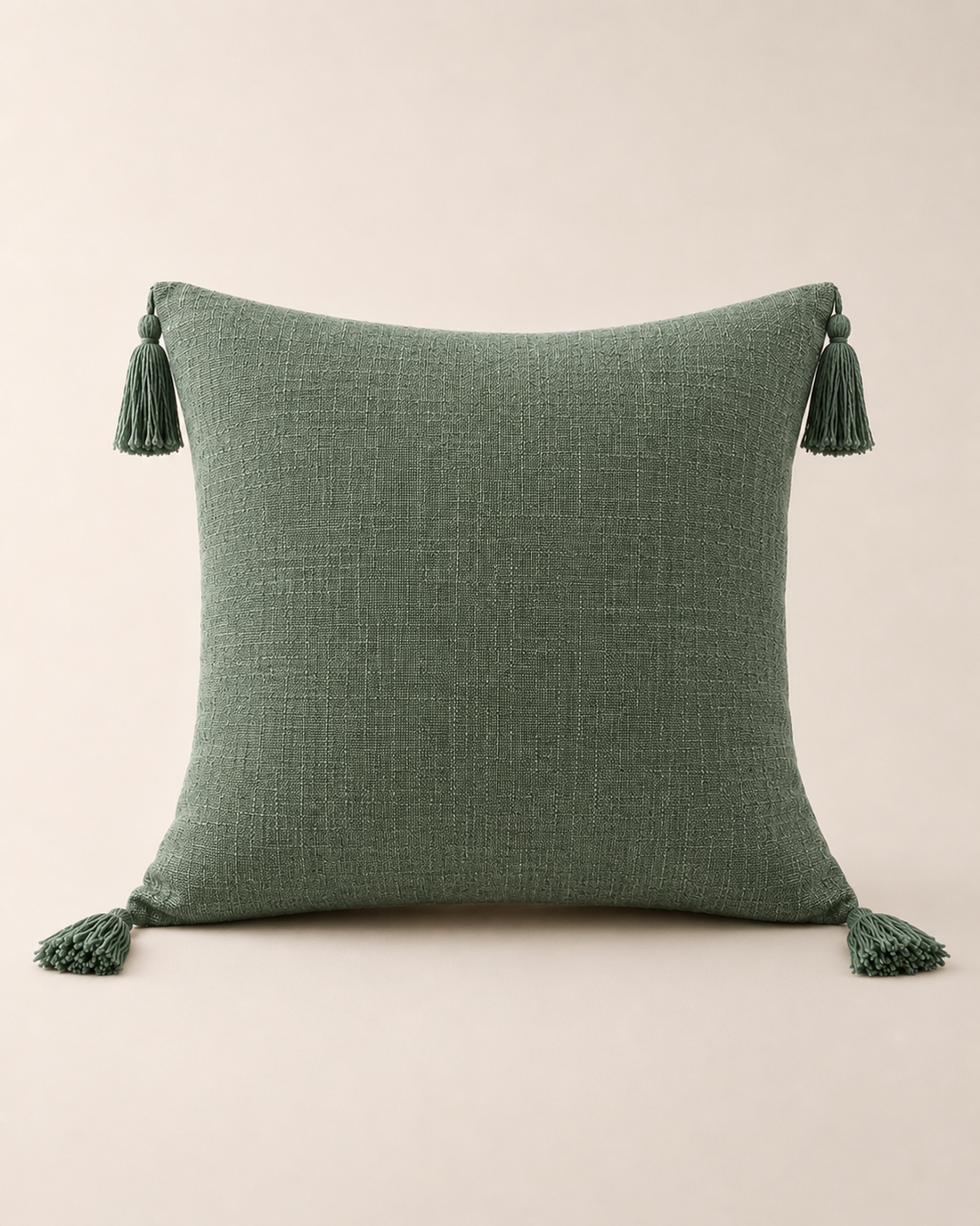 Linen Tassel Cushion Cover, Green on white background