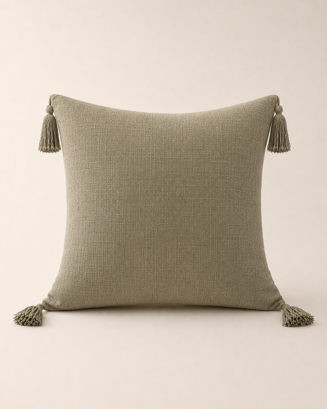 Linen Tassel Cushion Cover, Khaki on white background
