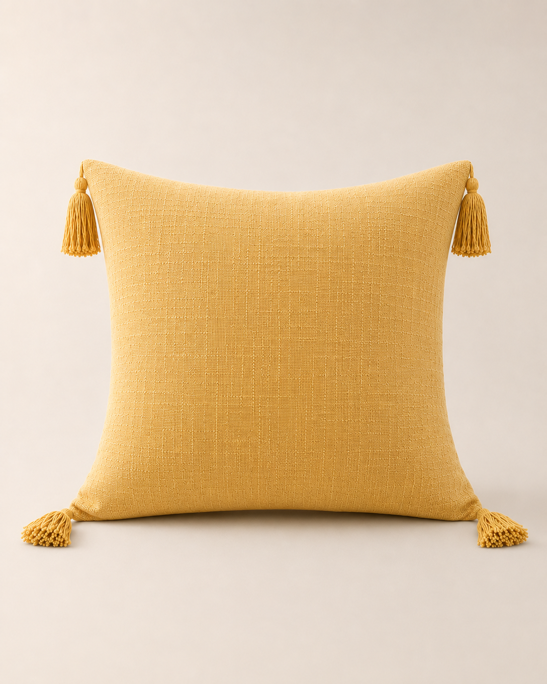 Linen Tassel Cushion Cover, Yellow on white background