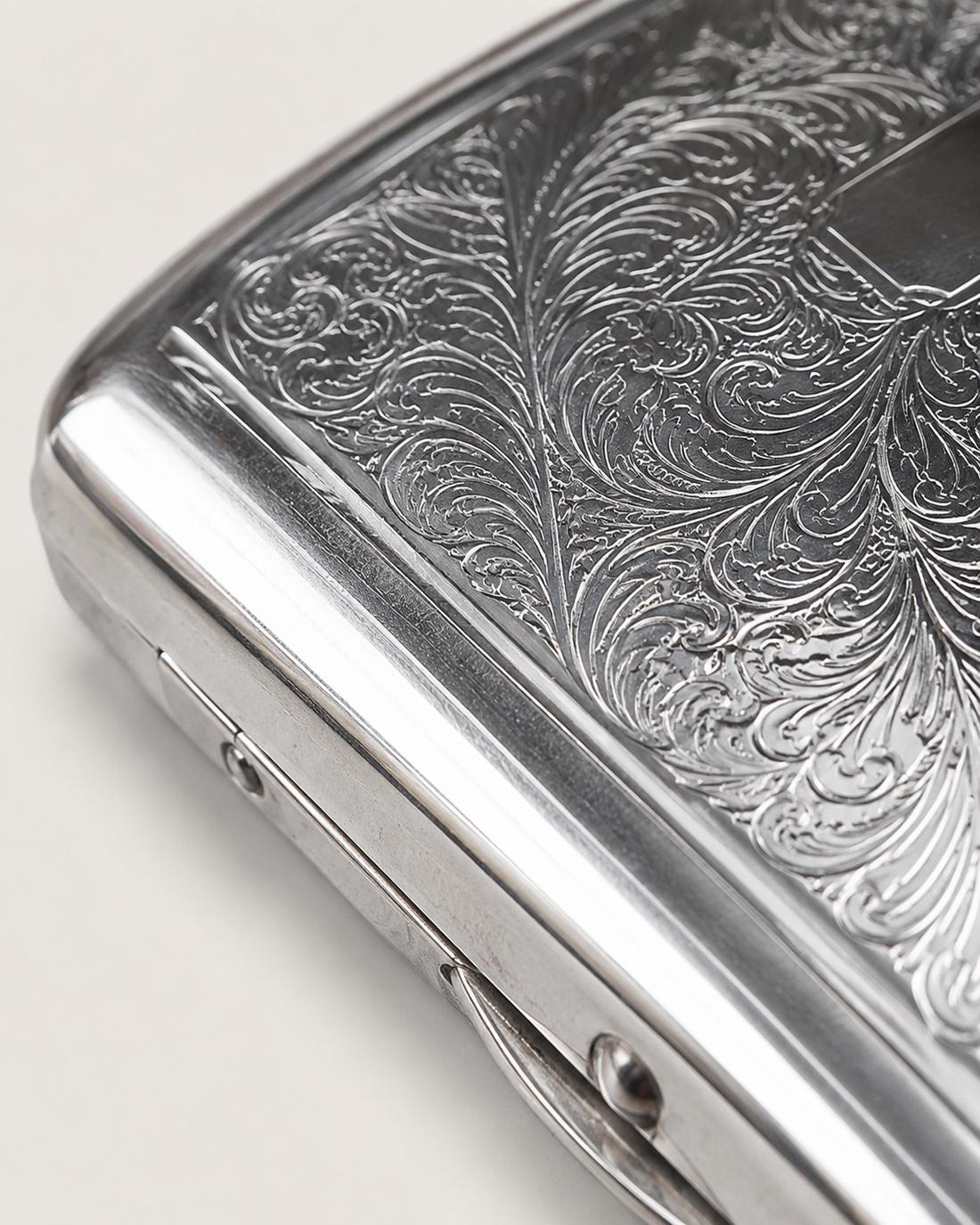 Engraved Chrome Cigarette Case - close-up detail