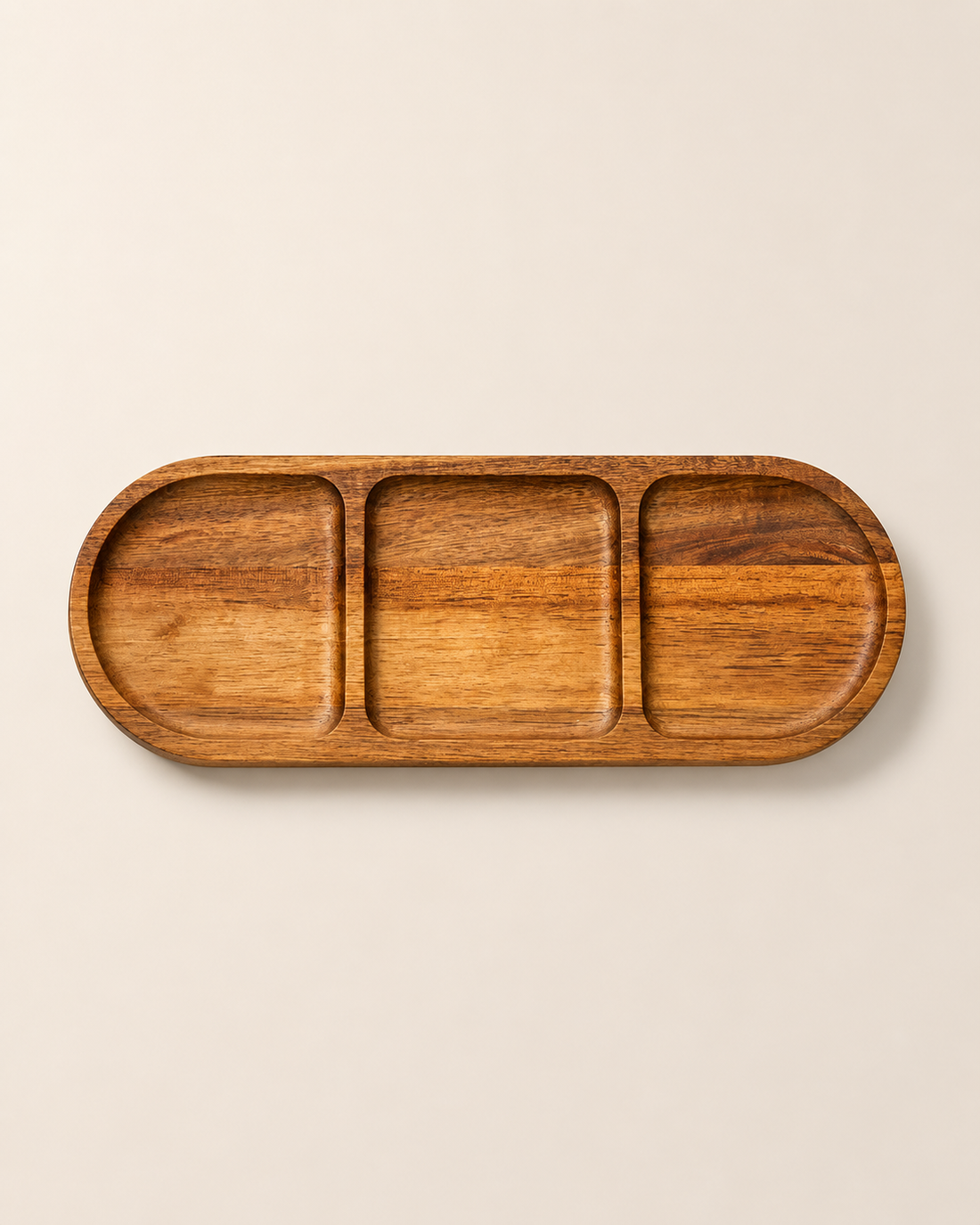 Acacia Wood Serving Tray, Three-compartment on white background