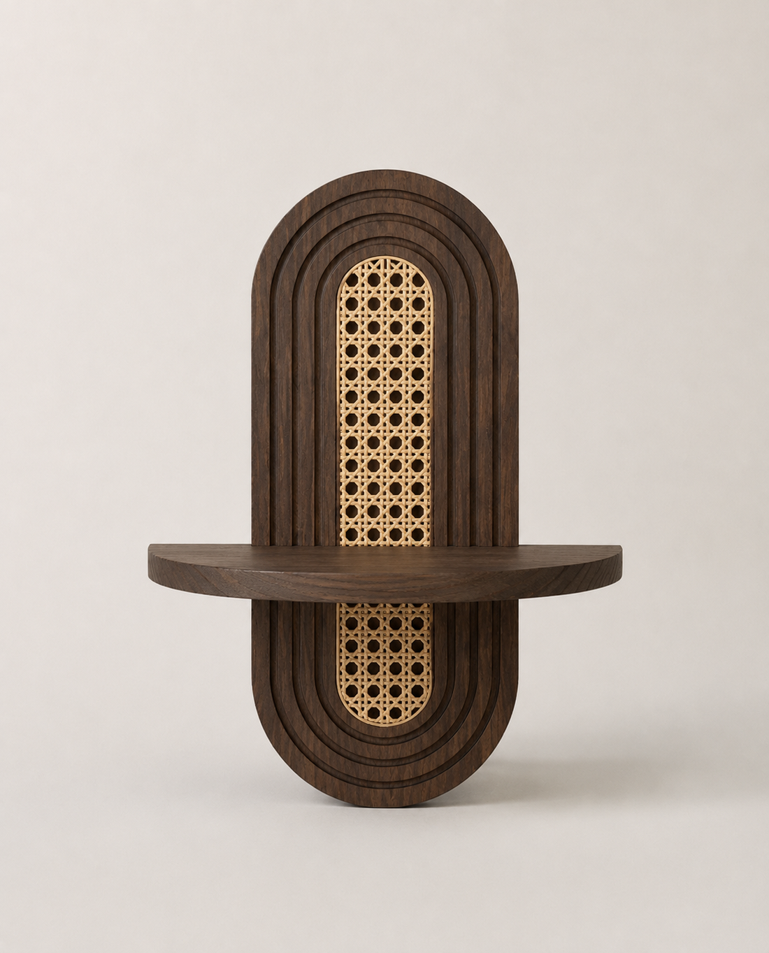 Rattan Wall Display Shelf, Walnut on white background